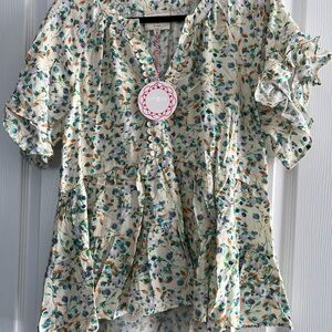 Umgee Cream Floral Ruffle Blouse